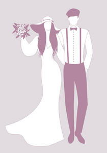 新婚夫妇穿着婚纱的剪影。 宽边帽子给她，贝雷帽吊带和蝴蝶结给他。