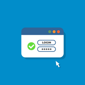 登录表单页面与绿色滴答图标用户名和密码。 具有用户授权的窗口浏览器。 登记表格。 平面样式的矢量插图。