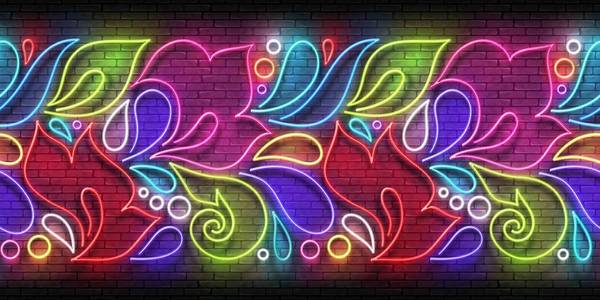 老式辉光招牌,有闪亮的霓虹灯,华丽的花边,在派斯利花园风格的砖墙.