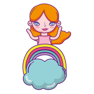 女人长发型和彩虹与云矢量插图