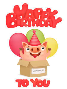 生日快乐卡与可爱的猪表情符号. 矢量插图照片