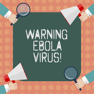 显示埃博拉警告的书写说明。商业照片显示的信息显示显示关于这种致命疾病胡分析手持有放大镜和扩音器