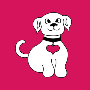 彩色插图。 可爱的狗在白色，红色的心在胸部在明亮的背景。