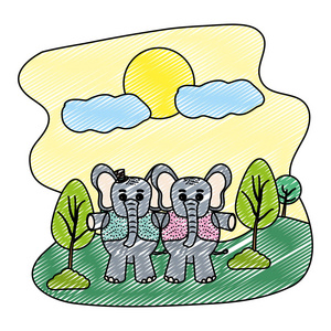 涂鸦夫妇大象与帽子和背心在景观矢量插图。