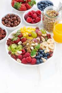 健康早餐产品，浆果，水果和谷类食品，盘子，白色木制背景，垂直