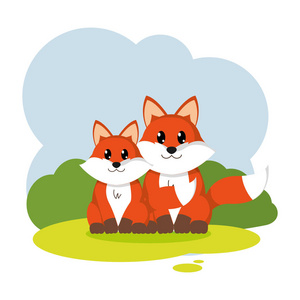 狐狸野生动物夫妇在景观矢量插图。
