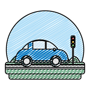 道路中的涂鸦汽车运输与交通灯矢量插图