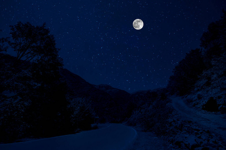 满月之夜，山路穿过森林。 夜晚风景优美的乡村道路，有大月亮