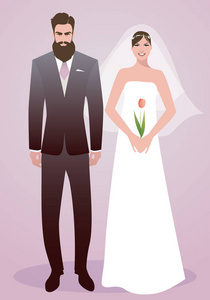 新婚夫妇穿着婚纱。 时髦的长胡子新郎和戴着郁金香面纱的美丽新娘