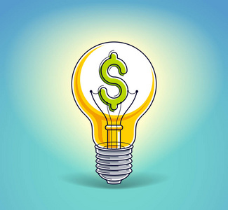 灯泡概念与美元标志，而不是钨丝金融理念，为商业美丽的矢量插图。