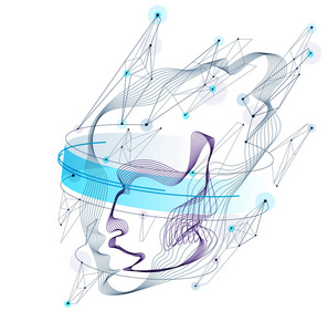 人工智能软件数字视觉界面由虚线粒子阵列矢量插图制成的抽象艺术人头像。