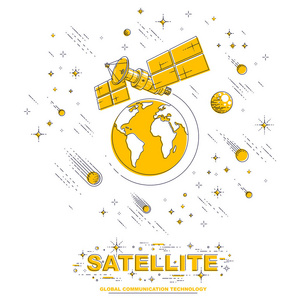 卫星绕地球轨道飞行通信航天器空间站，在流星雨和恒星作用下有太阳能电池板和卫星天线板。 矢量。