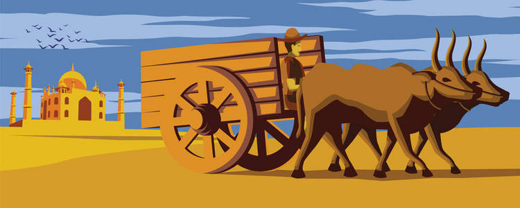 牛车移动通过tajmahal地标的印度老式彩色矢量插图牛车