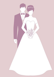 新婚夫妇穿着婚纱的剪影。 古典风格。 优雅的新郎和美丽的新娘抱着新娘的花束。