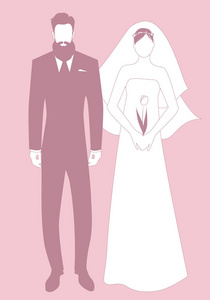 新婚夫妇穿着婚纱的剪影。 时髦的长胡子新郎和戴着郁金香面纱的美丽新娘