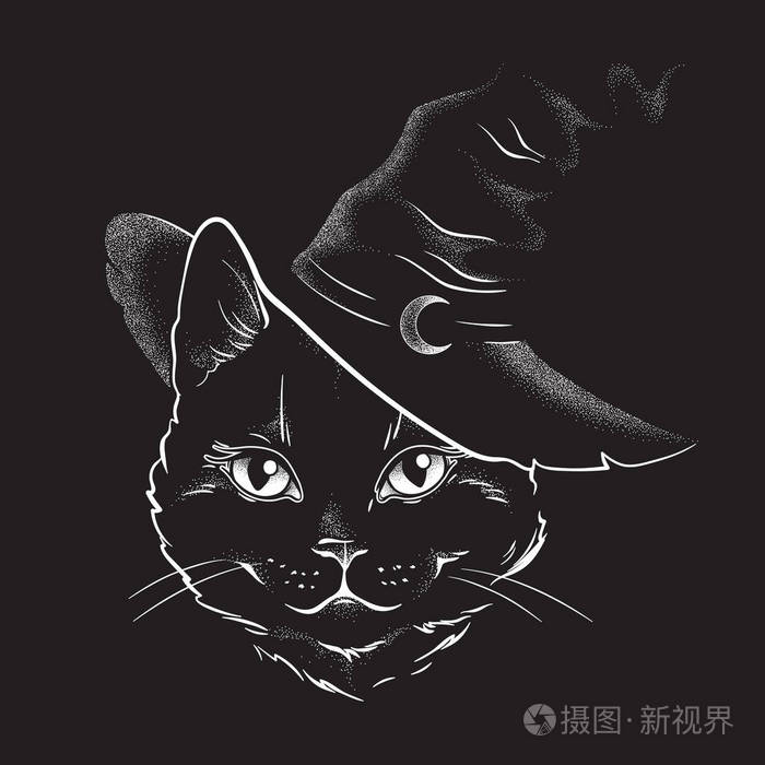 黑色猫与尖头女巫帽线艺术和点工作.
