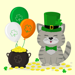 s Day. A gray striped Kitty in a green hat of a leprechaun, a po