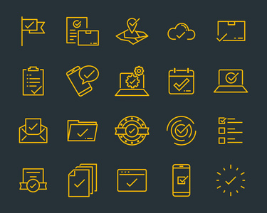 一组检查标记矢量线图标包含诸如检查文档和更多照片