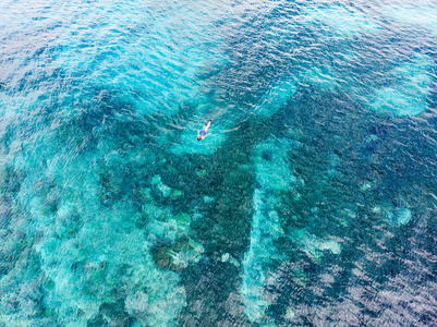 空中自上而下的人浮潜在珊瑚礁热带加勒比海绿松石蓝水上。 印尼瓦卡托比海洋国家公园游客潜水旅游目的地