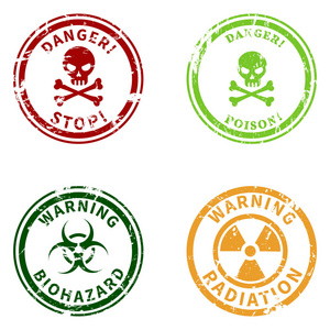 矢量套色警告邮票。 危险警告海豹。 生物危害有毒和辐射符号。
