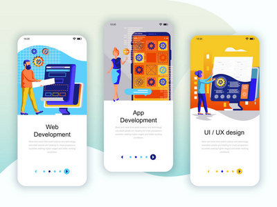 一套入职屏幕用户界面套件，用于Web和应用程序开发UIUX设计移动应用程序模板概念。 现代UXUI屏幕的移动或响应网站。 矢量