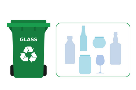 绿色垃圾桶与玻璃废物适合回收。 玻璃回收隔离垃圾分类垃圾环保理念。 白色背景。 矢量插图平面风格。