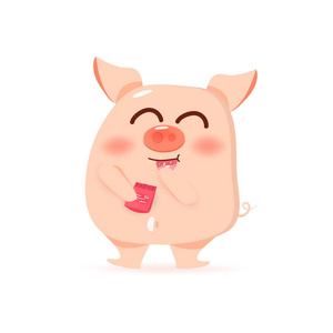 小猪正在吃零食,可爱的卡通人物,农历新年,猪年的白色背景矢量插图