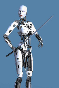 女性Cyborg机器人拿着Katana剑，向远处望去。系列之一..