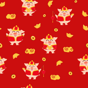 猪，金，灯笼，灯和钱，中国新年2019，可爱卡通人物红色纹理背景矢量插图