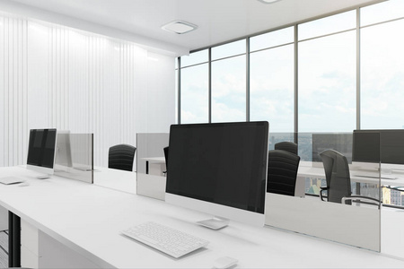 当代白色办公室，桌子上有空电脑屏幕。工作空间概念。模拟三维渲染