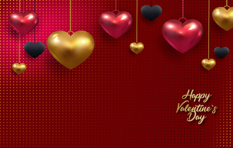 三维金属金和红色的心在一个明亮的红色背景。 情人节或婚礼的装饰爱情概念。 销售横幅。 你的课文的地方。 向量