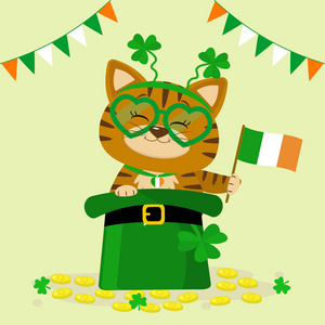 s Day. A red tabby cat in a headband with clover, sits in a gree