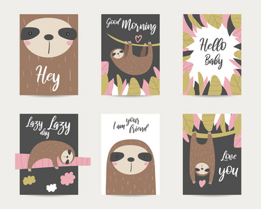 可爱的手绘动漫风格婴儿淋浴卡, 小册子, 邀请与树懒照片