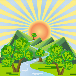 黄河流卡通片景观背景.绿树,高山,黄日,蓝天,河流.