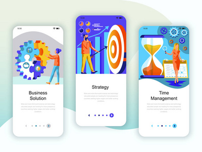 一套入职屏幕用户界面套件，用于解决方案策略时间管理移动应用程序模板概念。 现代UXUI屏幕的移动或响应网站。 矢量图。