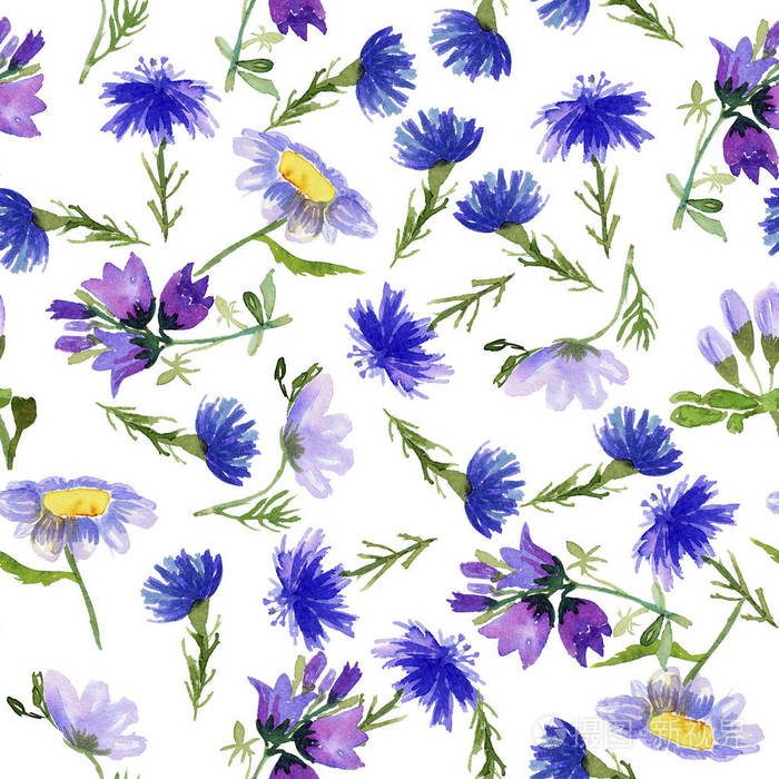 无缝图案与蓝色手绘野花在白色背景。 水彩插图。 表面设计卡横幅织物邀请和剪贴簿模板