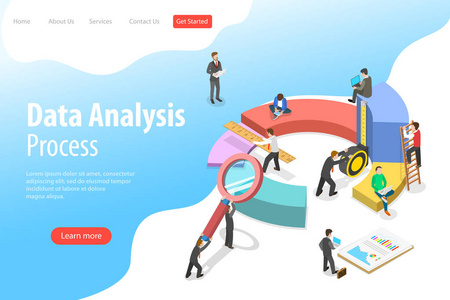 业务统计和分析的平面等距矢量着陆页模板