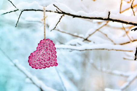 冬天雪树枝上的红心。 假日。 情人节快乐庆祝活动。 心的爱的概念。