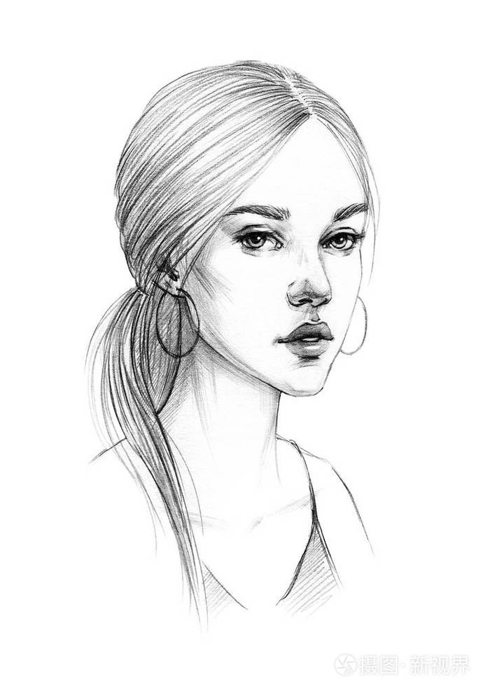 一个年轻漂亮的女孩的肖像素描,直发,可爱的外表,时尚的发型,耳环,环