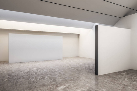现代混凝土展厅内部有广告牌和灰色地板。 画廊概念。 模拟3D渲染