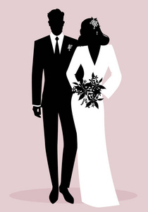 新婚夫妇穿着婚纱的剪影。 古典风格。 优雅的新郎和美丽的新娘抱着新娘的花束。