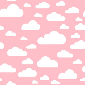 粉红云无缝图案矢量设计婴儿艺术。 婴儿淋浴云天无缝图案纹理。 向量