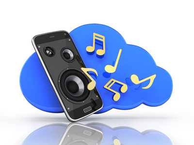 音乐智能手机手机音乐应用手机和扬声器的云概念存储在白色背景3D。