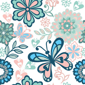 民间花卉无缝图案与蓝色和粉红色蝴蝶。 蓝色蝴蝶点缀的老式花卉