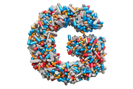 药丸胶囊中的字母g。 在白色背景上隔离的3D渲染