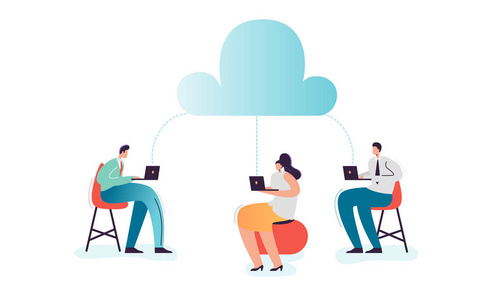 使用云数据存储的笔记本电脑和移动设备的卡通人物用于社交媒体网络.