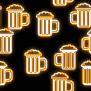 无缝的样式, 纹理抽象霓虹灯明亮发光的黄色从图标的酒吧从工艺啤酒的眼镜和复制空间在黑色的背景。向量例证