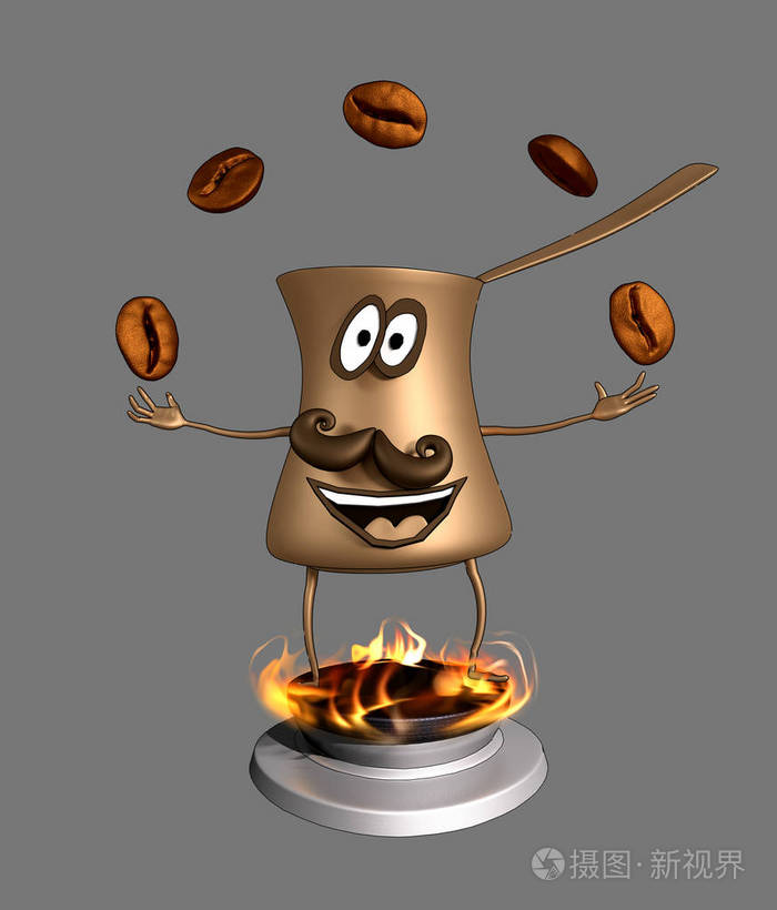 卡通土耳其咖啡壶在煤气炉上摆弄咖啡豆.3d绘制