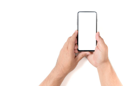 人手握黑色智能手机，空白屏幕隔离在白色背景，复制空间输入文本