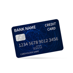 现实的蓝色信用卡图标隔离在白色上。 详细的塑料卡与银浮雕符号和芯片。 银行和支付概念。 易于编辑业务主题的矢量模板。
